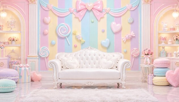 Pastel candy room with white sofa and heart decorations