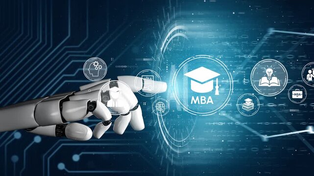 Futuristic Technology Concept with Robotic Hand Interacting with MBA Education Icons on Digital Background for Online Learning and Higher Education. Entropy.
