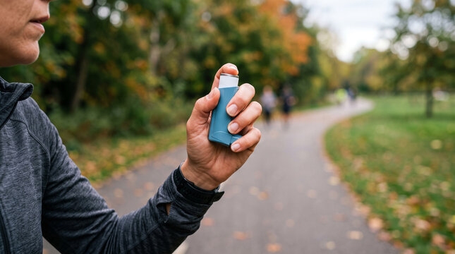Woman Holding Blue Asthma Inhaler Outdoor During Autumn Run