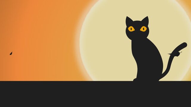 animated cat video background, animation of a cat sitting and blinking, with a shaking moon effect and flying leaf effect, moving in a loop, suitable for a Halloween theme