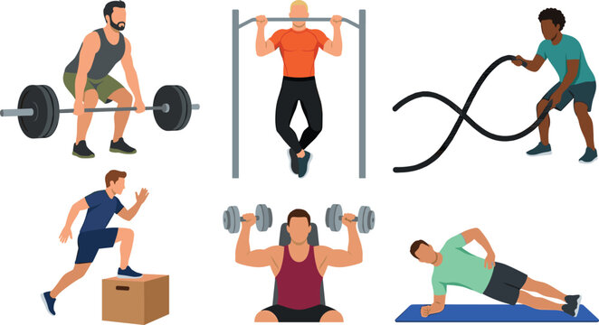 Fitness and Gym Workout Vector Set with Men Performing Deadlift, Pull Up, Battle Ropes, Box Jump, Dumbbell Press, and Side Plank Exercises