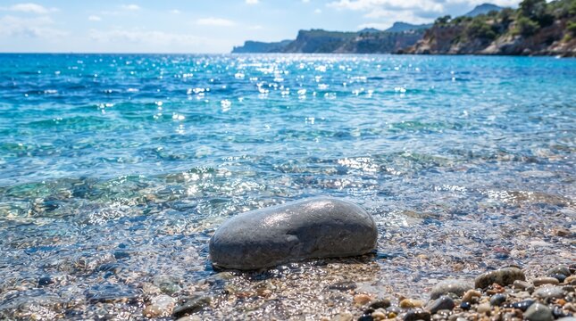 Clear turquoise ocean water with sun glare on a pebble beach featuring a single rock in the foreground ideal for summer vacation and coastal themes