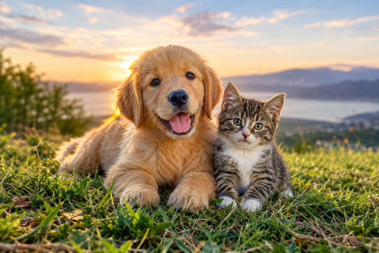 Golden Retriever and Kitten at Sunset
