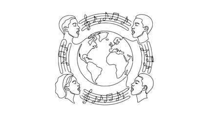 Obraz premium Global Harmony: Diverse People Singing Around Earth with Music Notes