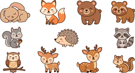 Fototapeta premium Cute Woodland Animal Illustration Set with Sleeping Rabbit, Fox, Bears, Squirrel, Hedgehog, Raccoon, Owl, Deer, and Forest Characters