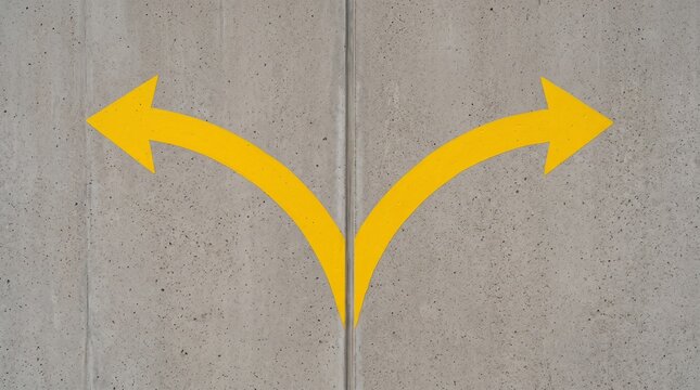 Yellow directional arrows painted on a textured concrete wall