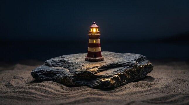 Miniature lighthouse with illuminated beacon rests on a dark rocky surface