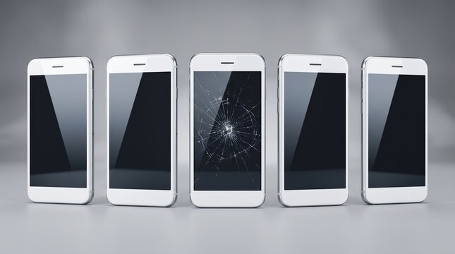 Five white smartphones in a row one with a cracked screen