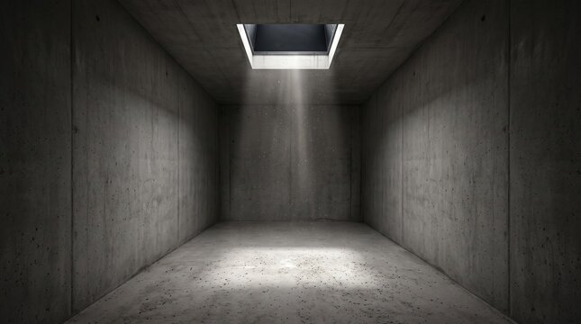 Concrete room with a ceiling opening allows daylight to illuminate the floor