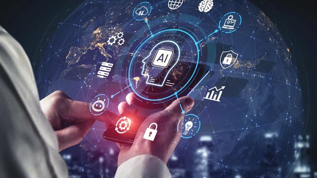 Futuristic Technology Concept with AI and Data Analytics on Smartphone Displaying Innovative Icons and Digital Connections in Global Network. Entropy.
