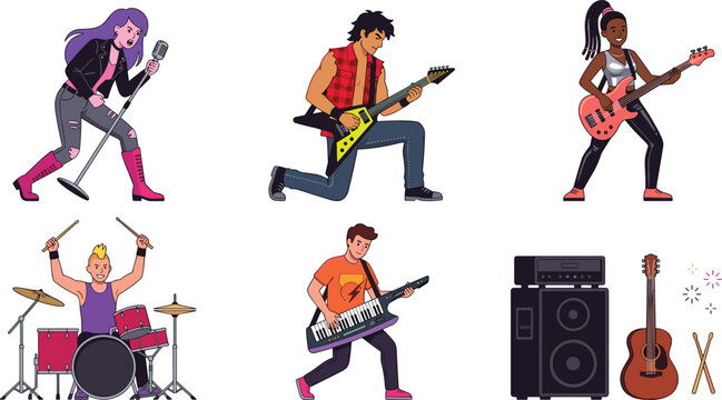 Rock Band Musicians Vector Character Set with Singer Guitarist Bassist Drummer Keytar Player and Audio Equipment for Live Concert Event Promo Posters