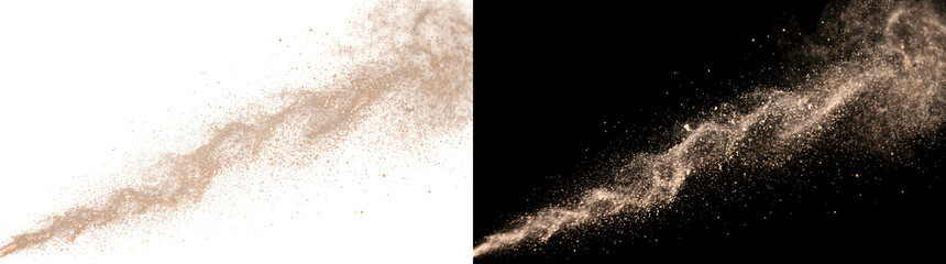 Obraz premium Diagonal sand dust explosion streak with scattered brown particles flying looks perfect for design projects in PNG, Transparent and Black Background Versions
