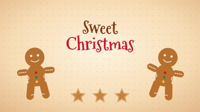 Sweet Christmas greeting with gingerbread men and stars on a dotted background