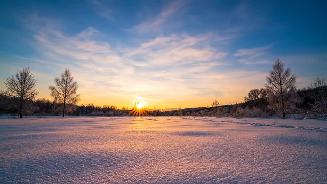 Snowy dusk view, time-lapse photography of the sunrise over the snowfield