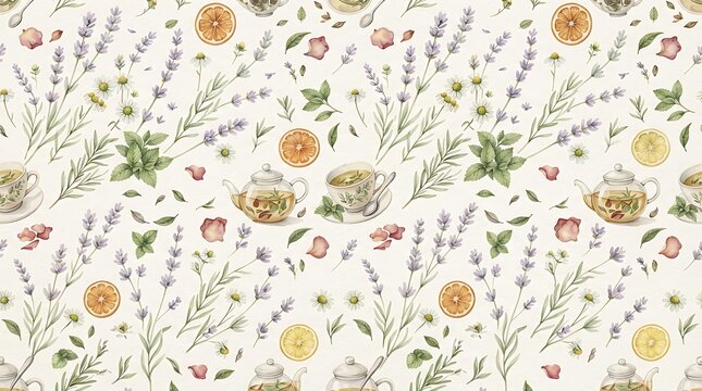 Herbal tea and lavender seamless pattern