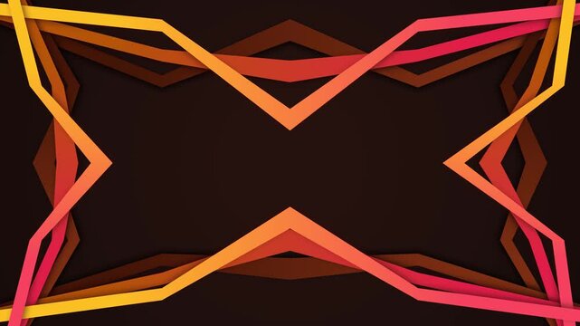 Vibrant symmetrical geometric frame made of interlaced colorful stripes on dark backdrop.