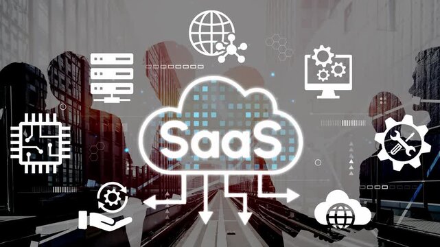 Explore a modern illustration of cloud computing concepts with SaaS. Visualize collaboration among business figures in a sleek office environment. Entropy.