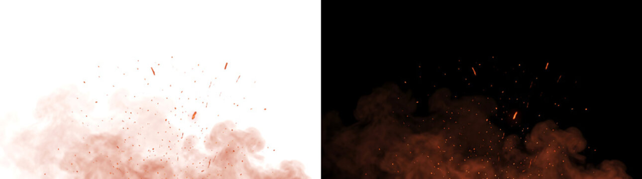 Fire ember sparks with glowing embers rising above ground smoke looks perfect for design projects in PNG, Transparent and Black Background Versions