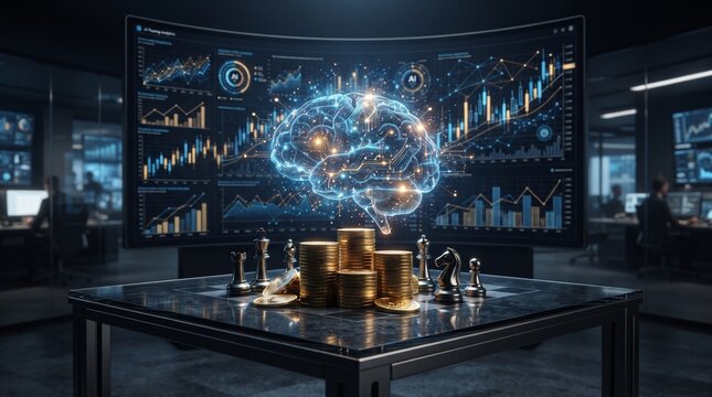 Digital brain hologram hovers above gold coins and chess pieces on a table inside a futuristic trading room.