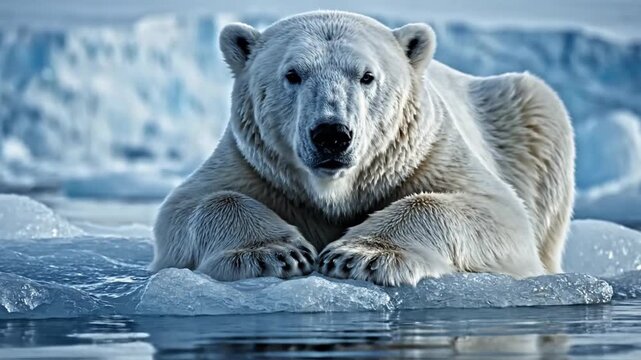 A polar bear rests its head on its paws on a small floating ice floe in the cold Arctic Ocean, looking directly at the camera with large icebergs in the soft background.