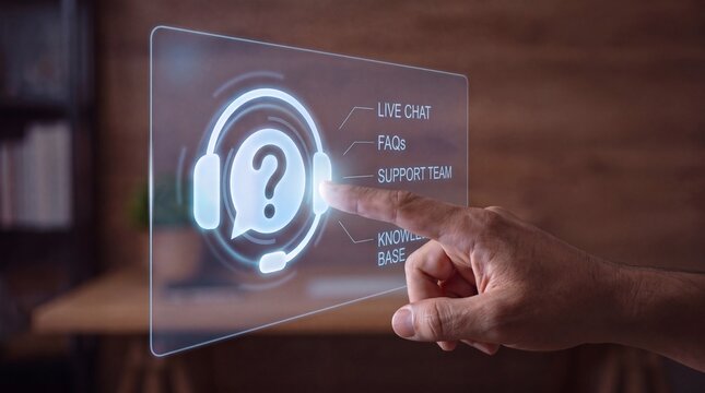 Customer Service, FAQ and Knowledge Base Support System. Hand Using Online Customer Support, Live Chat and Help Center Interface