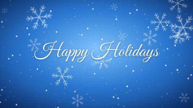 Happy Holidays text with falling snowflakes and bokeh on a blue background