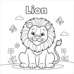 Fototapeta premium Cute Lion Coloring Page with Butterflies and Flowers.