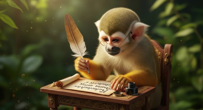 Cute monkey writing with feather quill at wooden desk.