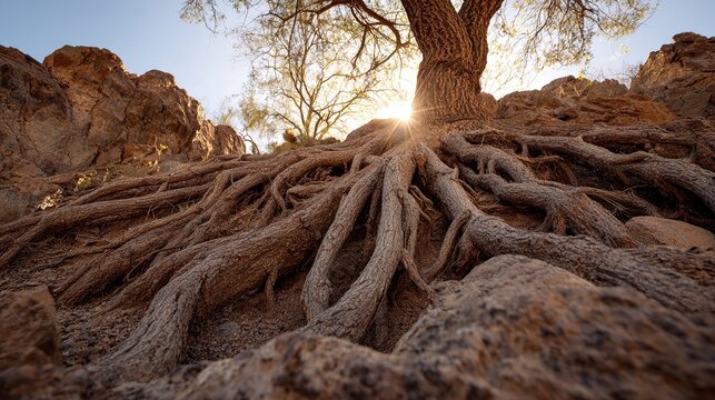 sunbleached. Massive, exposed root system of a cactus sprawling over sun-bleached desert rocks. gardening catalogs, home-decor guides, designed for home decor and floral branding.