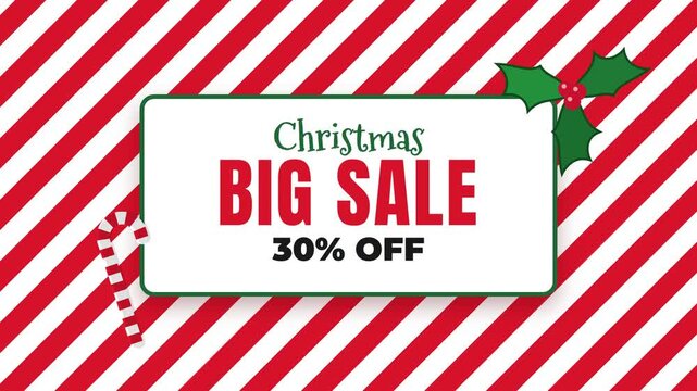 Christmas Big Sale 30 Percent Off with Candy Cane and Holly Decorations on Red and White Stripes Background