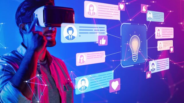 Man Using Virtual Reality Headset Surrounded by Digital Icons of Social Media Engagement and Ideas in a Futuristic Setting. Entropy.