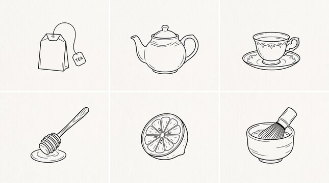 Minimalist tea ceremony line art icons, collection of 6 hand drawn tea time illustrations, elegant black and white teapot and matcha bowl sketches