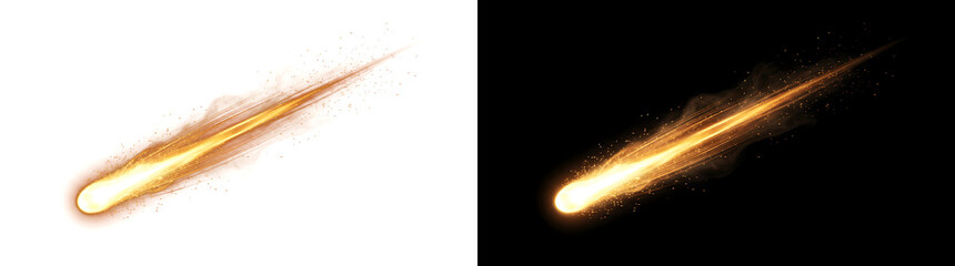 Golden meteor asteroid streaking with fiery sparks and glowing tail looks perfect for design projects in PNG, Transparent and Black Background Versions © Nyxthrasza