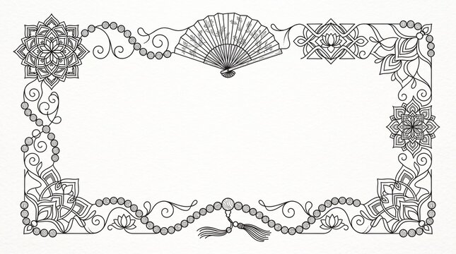 Intricate mandala border frame, black and white line art with oriental fan and beads, elegant decorative floral border for coloring or invitations