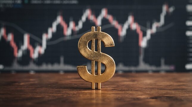 Dollar sign made of gold stands on a wooden surface in front of a stock market graph.