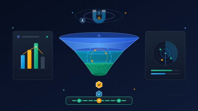 Digital sales funnel graphic, marketing conversion pipeline animation, business data analytics dashboard motion graphic