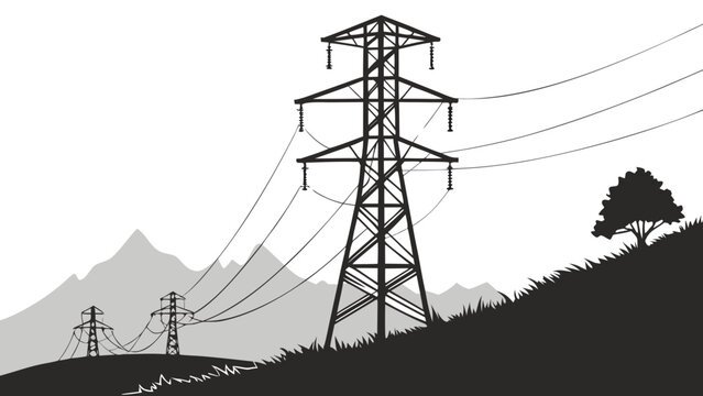 Electrical transmission towers in a mountainous landscape with electricity pylons high voltage power lines power grid