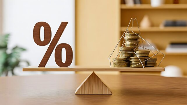 Percentage symbol and stacked coins balanced on a scale representing financial balance