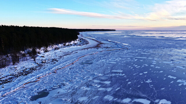 Aerial view of a frozen coastline with a dense snow-covered forest bordering the ice-covered sea under a soft winter sky in Latvia.