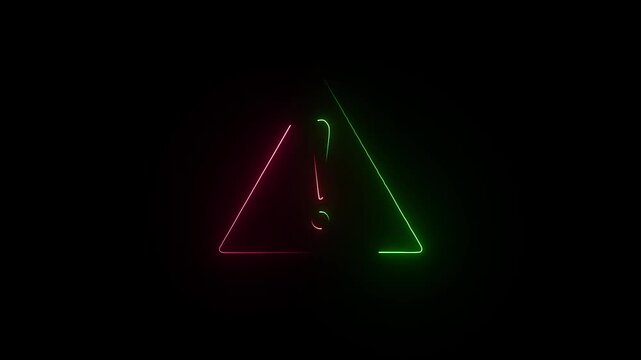 Neon warning icon animation, color flicker. Glowing neon exclamation mark, looped color blink animation. Caution signal, alert, urgent attention, error notice, danger.