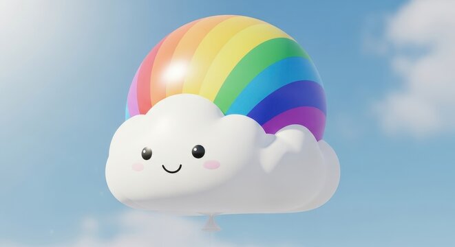 Cute Smiling Cloud with Colorful Rainbow in Sky.