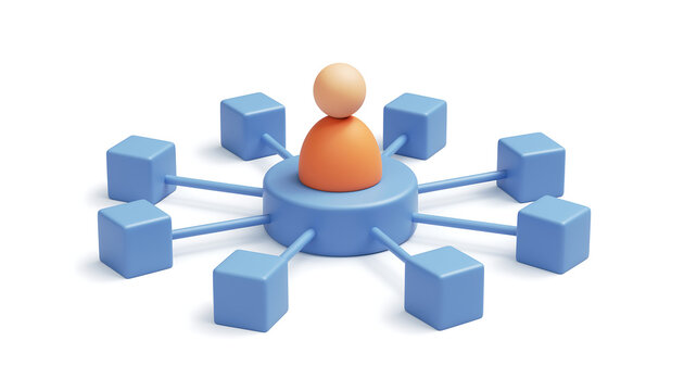 A wooden figurine stands at the center of a network of interconnected blue blocks and.