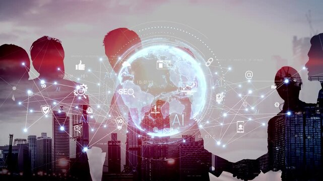 Global AI-powered digital network ecosystem connecting data, finance, analytics, ecommerce, communication, and automation across continents through technology and cloud Marrow
