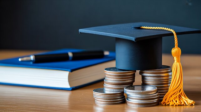 Graduation cap books and coins representing education savings and financial investment