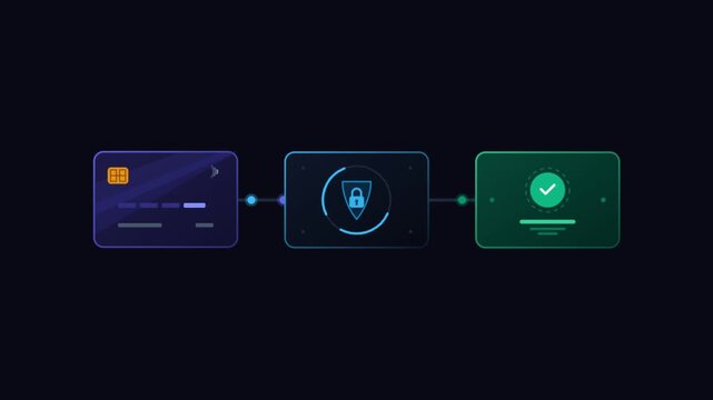 Secure online payment transaction animation, credit card processing cyber security interface, digital money transfer verification workflow