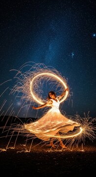 Dancer spinning with glowing sparkler at night.
