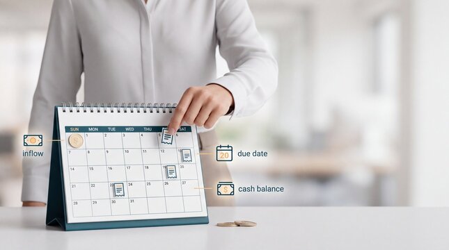 A person organizing financial tasks on a desk calendar with icons indicating inflow due date with track financial dates
