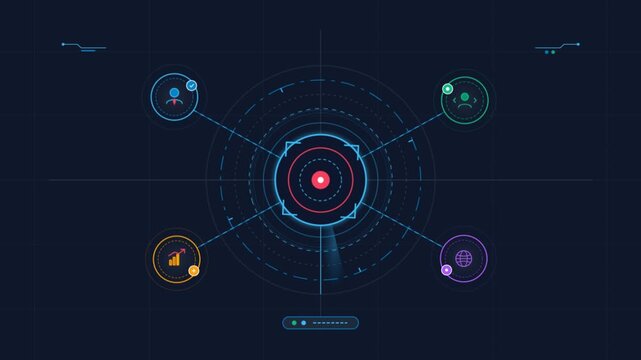 Futuristic HUD interface digital user display, sci-fi radar scope telemetry overlay, cybernetic network target tracking graphic