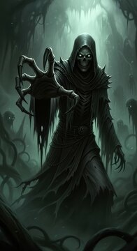Dark Fantasy Figure in Mystical Forest Setting.