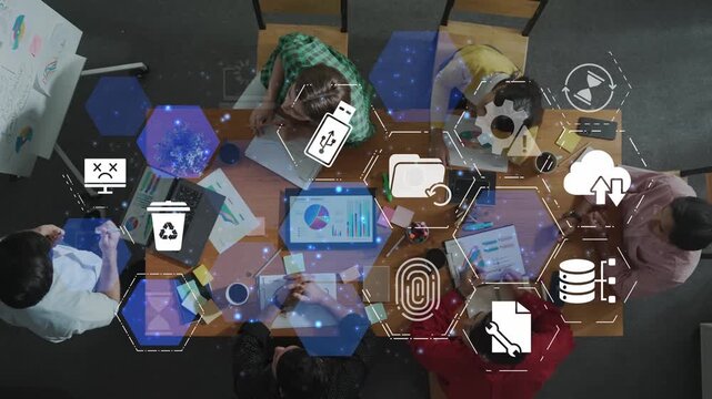 Data recovery icons show backup, data recovery process, and secure restoration. Data recovery ensures system reliability, data recovery protection, and information access. Funnel